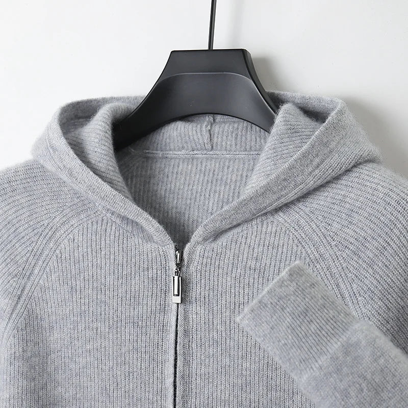 Thick Zippered Wool Knit Cardigan — Autumn Winter Casual Coat with Hood, 100% Wool