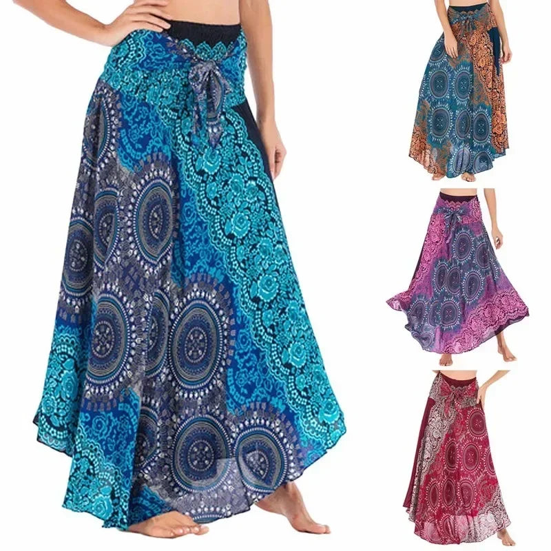 Black Patchwork Bandage Skirt — Ankle-Length