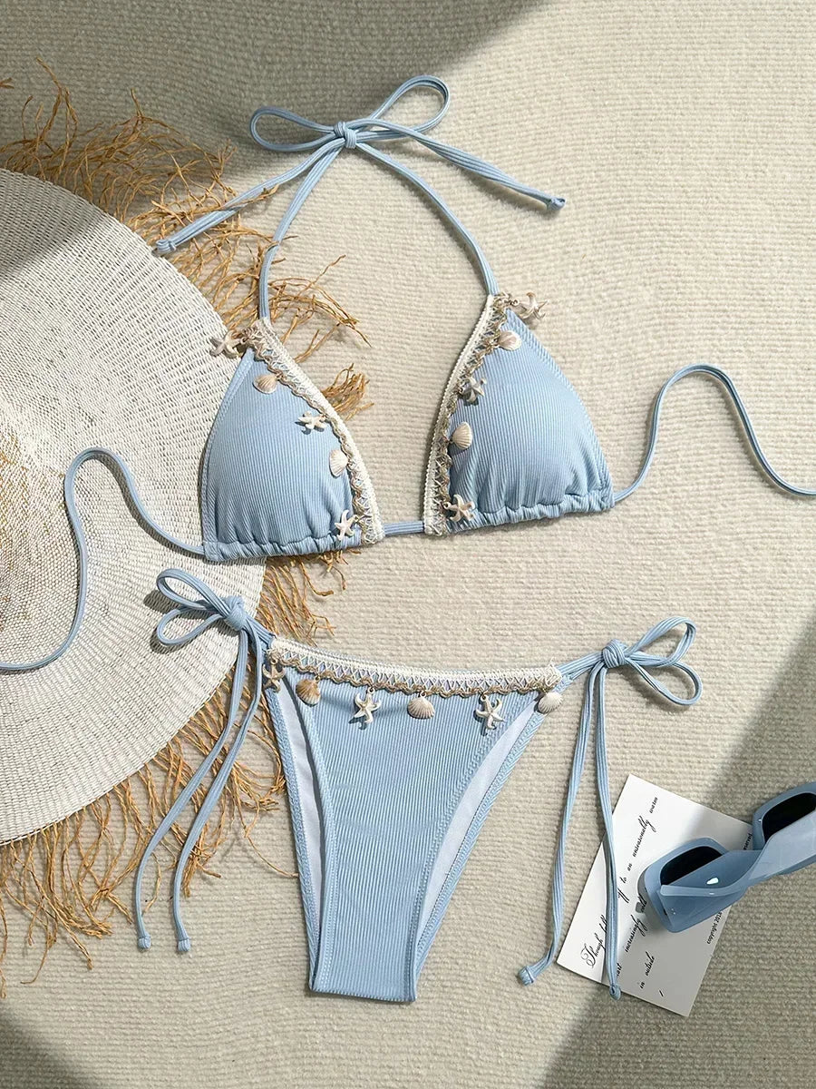 Halter Bikini with Shell Detail – Ribbed Texture