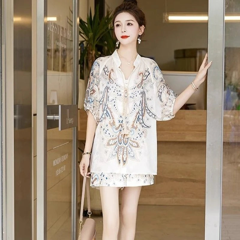 Ice Silk Printed Shorts & Jacket Set – Vacation Two Piece Summer Outfit
