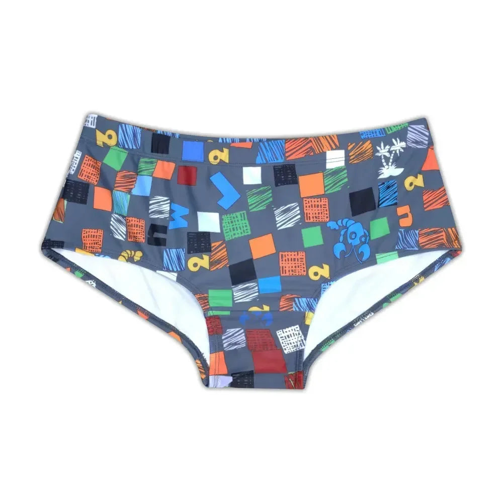 Square Graffiti Print Swim Boxer Briefs — Brazilian Cut
