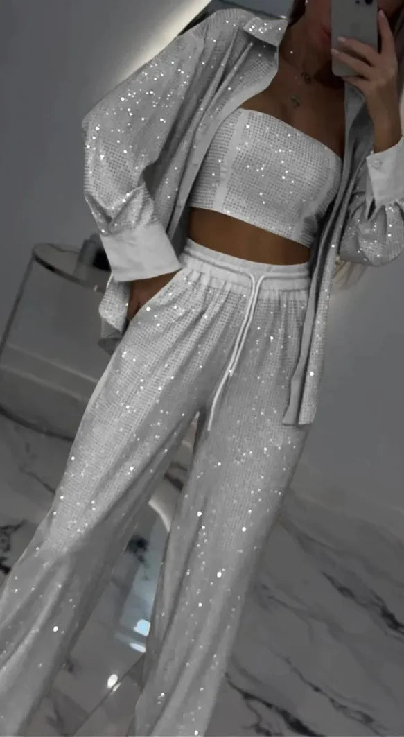 Sequin Shirt & Wide-Leg Trousers Set