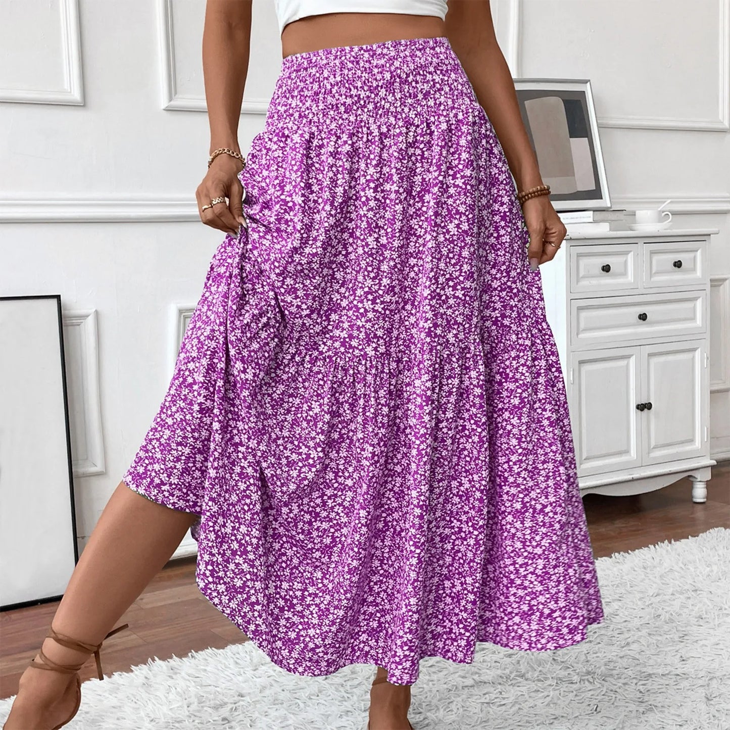 Pleated Floral Print A-Line Skirt — Elastic Waist Casual