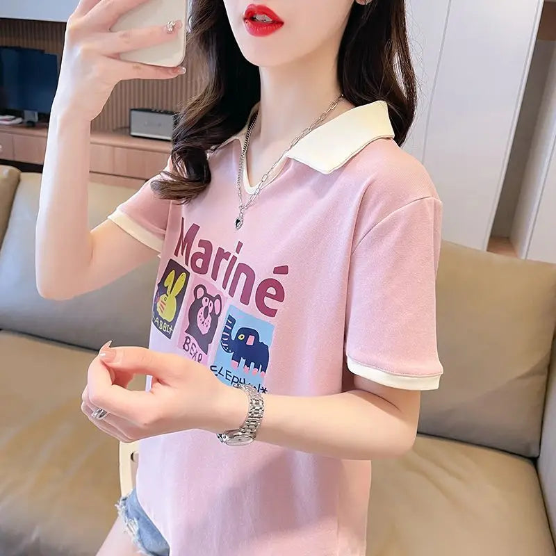 Contrasting Polo Neck Tee — Fashion V-neck Short Sleeve