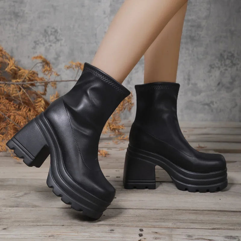 LuxeZip | Square Toe Leather Short Boots – Casual Thick Sole
