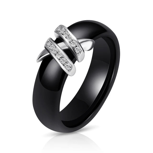 6mm Black & White Ceramic Ring – Crystal Inlay Wedding Band