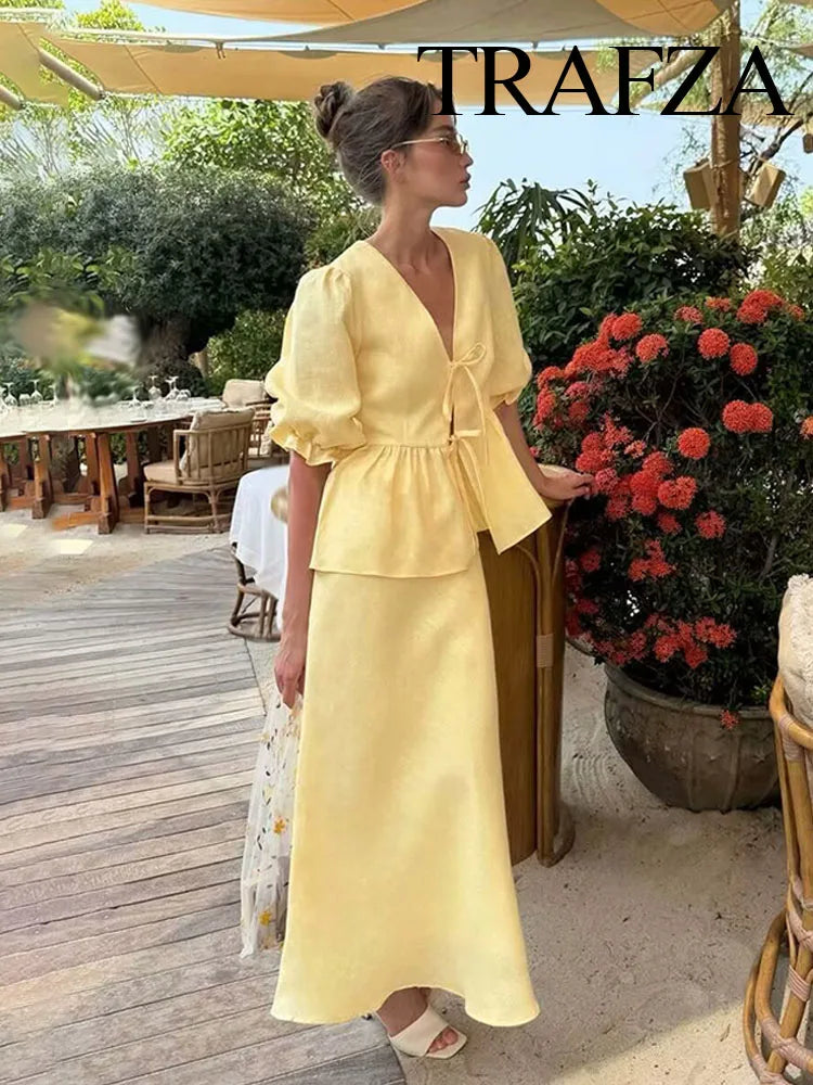 Puff Sleeve Lace-up Top & Fishtail Midi Skirt Set – French Style Elegant Suit