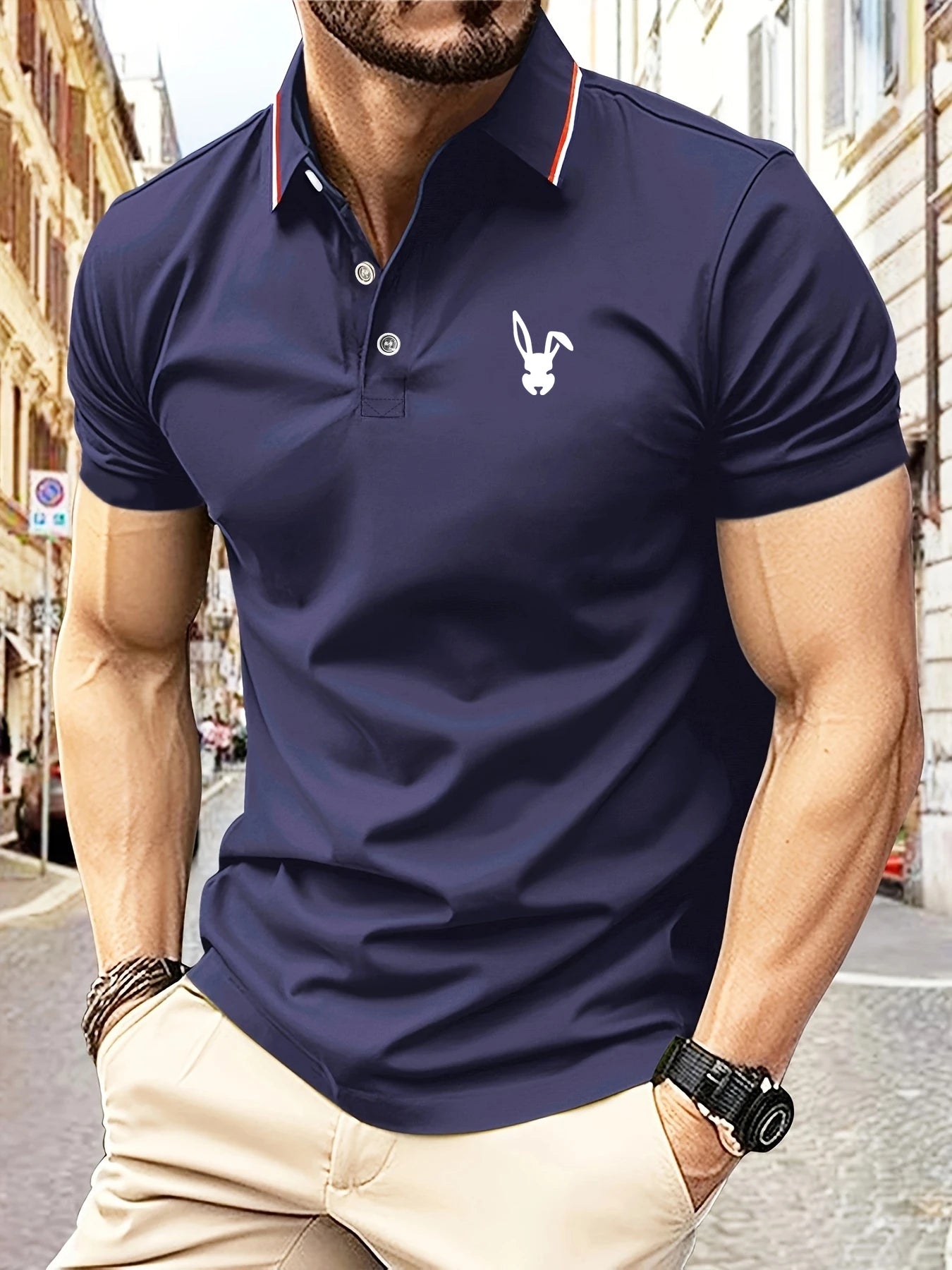 Signature Rabbit Logo Polo – Elegant Striped Lapel, Lightweight Fabric