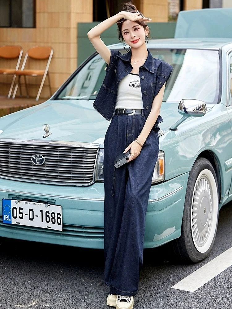 Denim Wide Leg Pant Set – Relaxed Fit