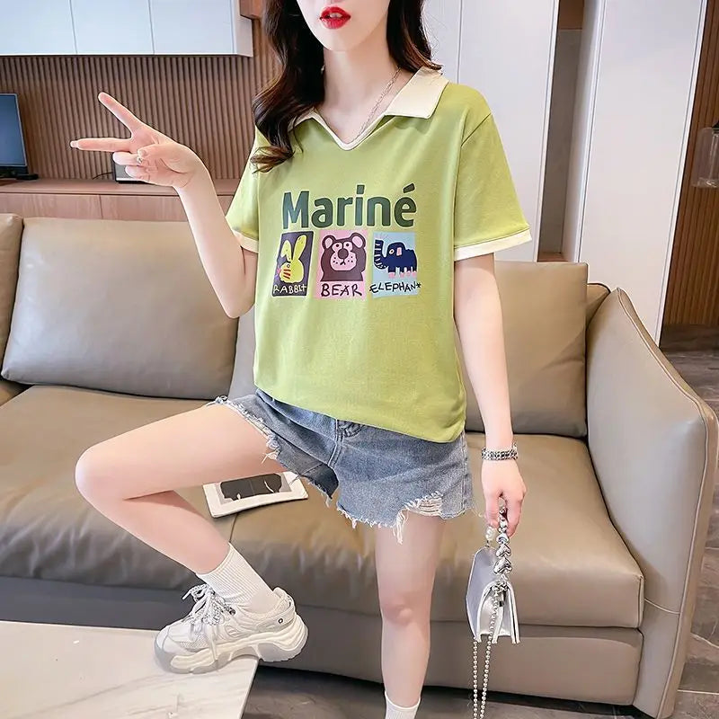 Contrasting Polo Neck Tee — Fashion V-neck Short Sleeve