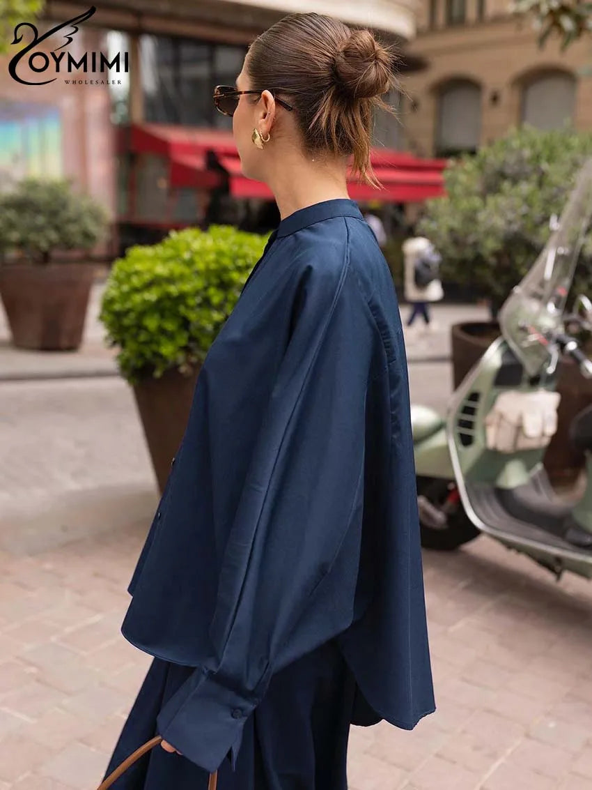Black Two Piece Set – O-Neck Button Shirt & Loose Trousers