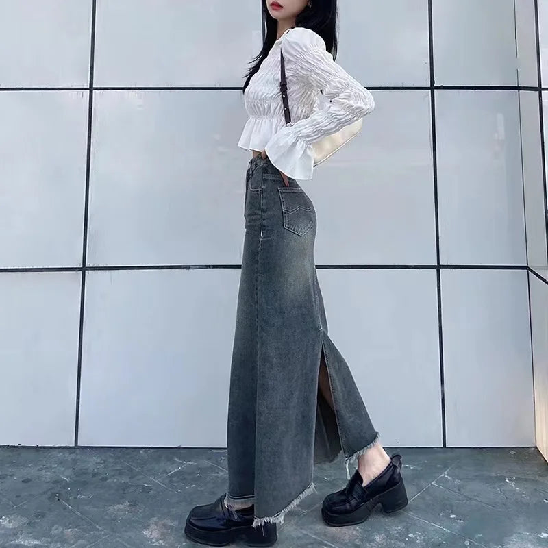 Retro Denim Long Skirt — Casual Autumn Street Style