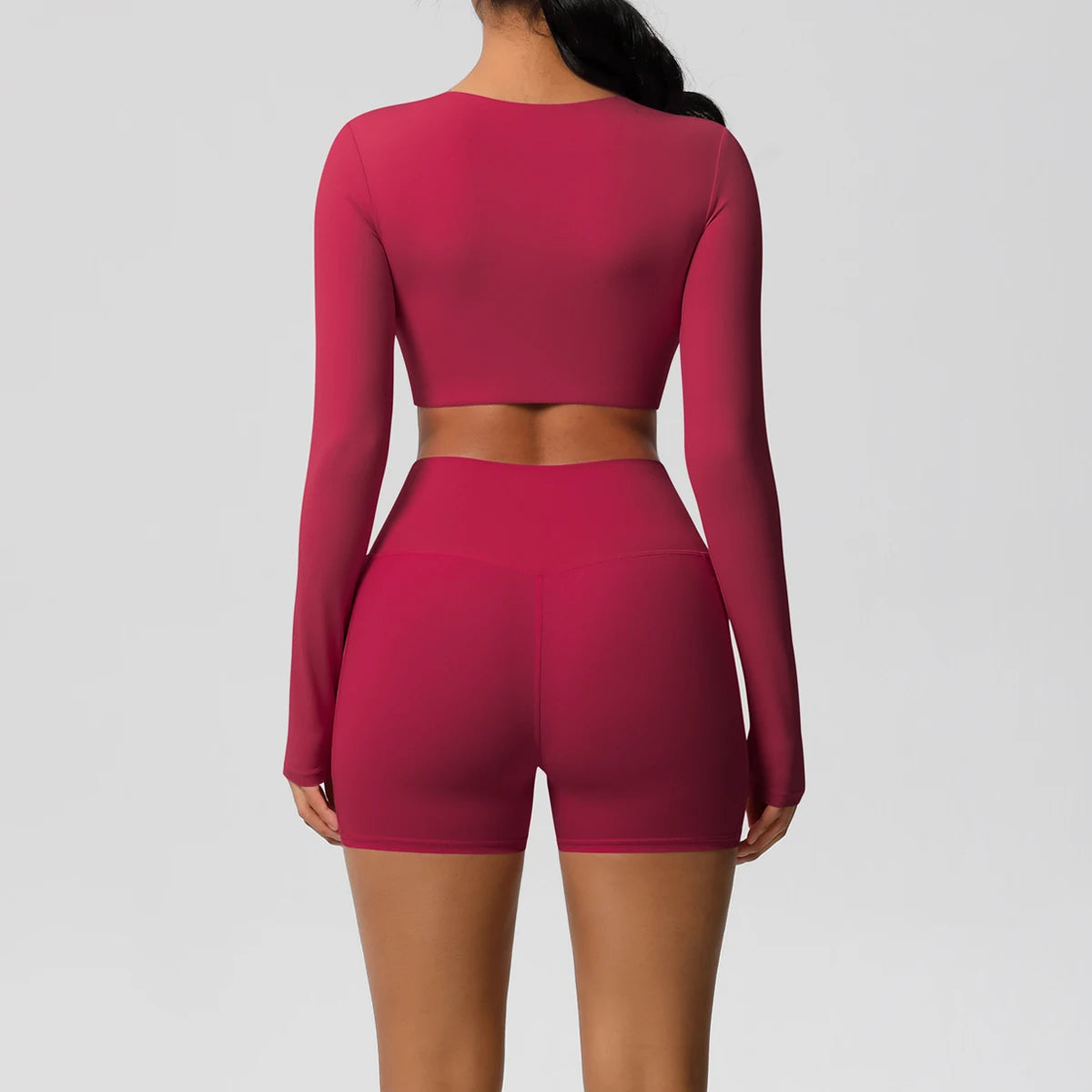 2-Piece Activewear Set — Long Sleeve Crop Top & High-Waist Yoga Shorts