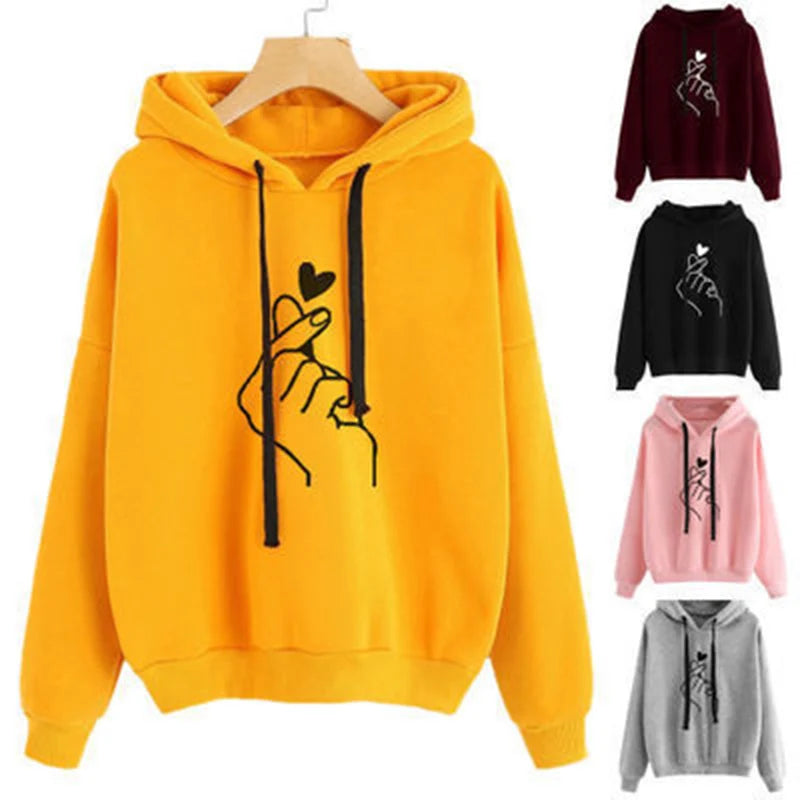 Solid Fleece Hoodie — Korean Finger Heart Print, Drawstring Pockets