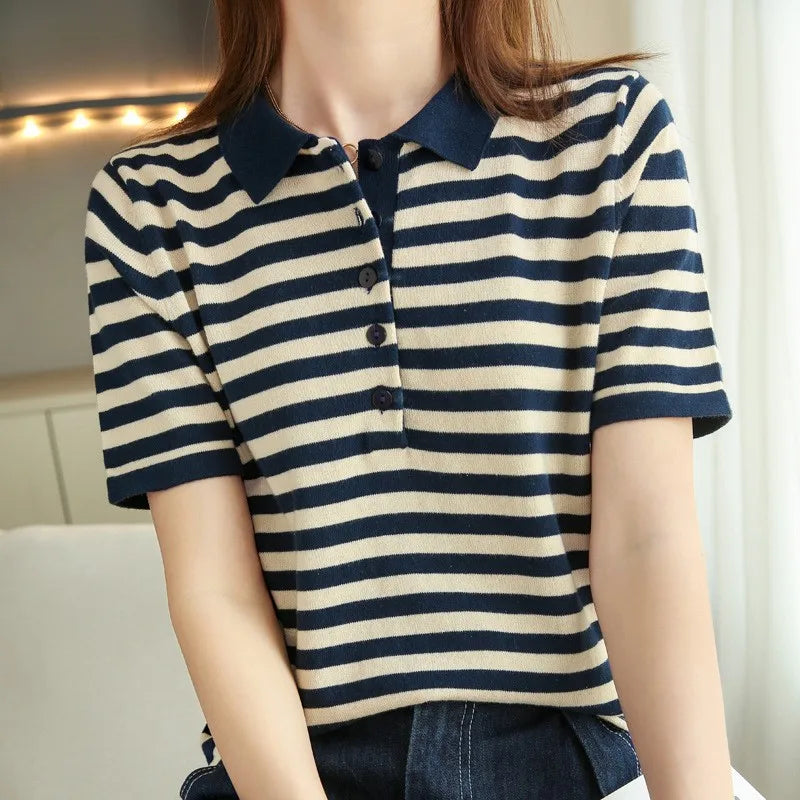Striped Polo T-shirt — 100% Cotton Casual Top