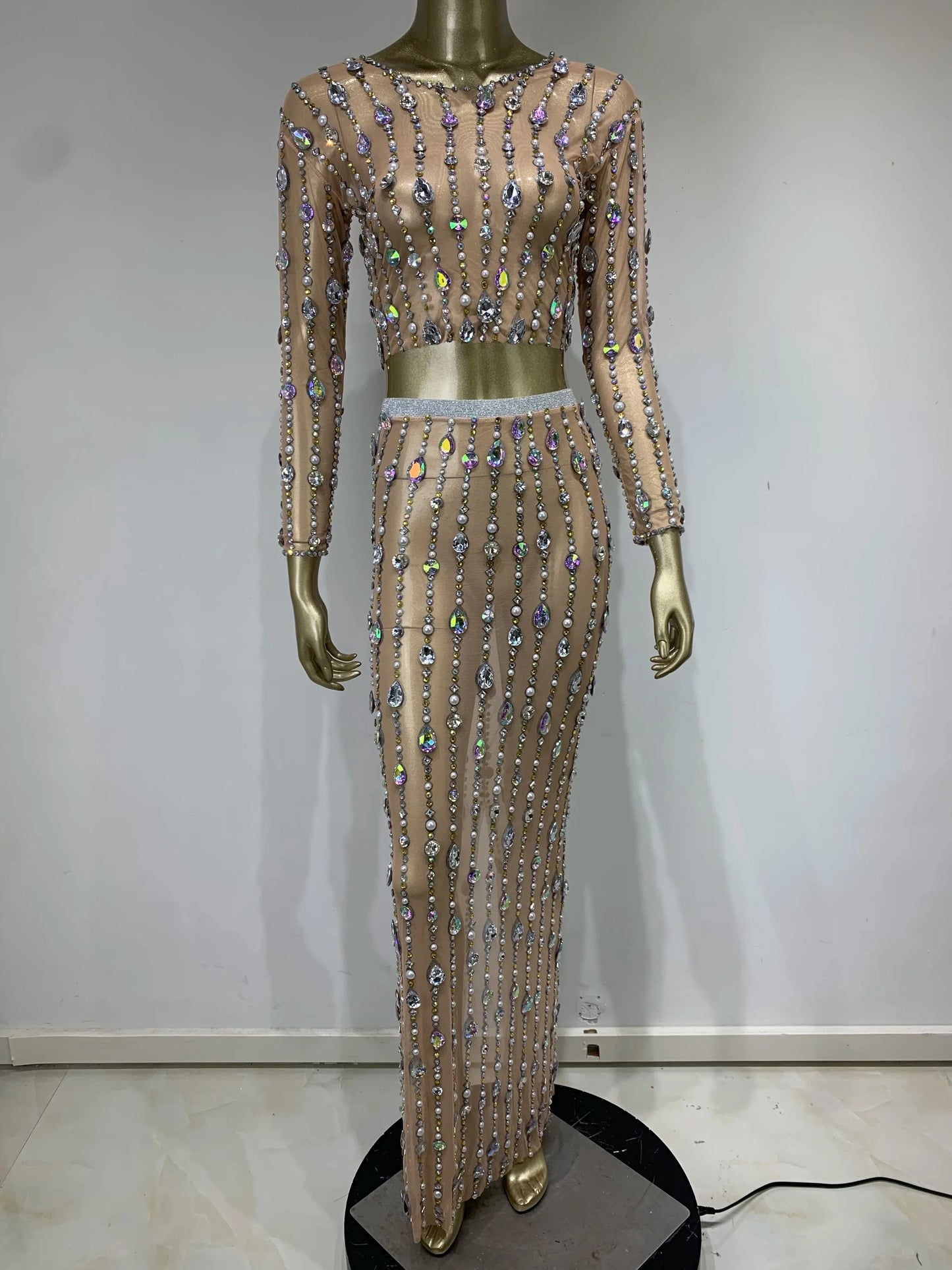 Rhinestone Mesh Top & Skirt Gala Set