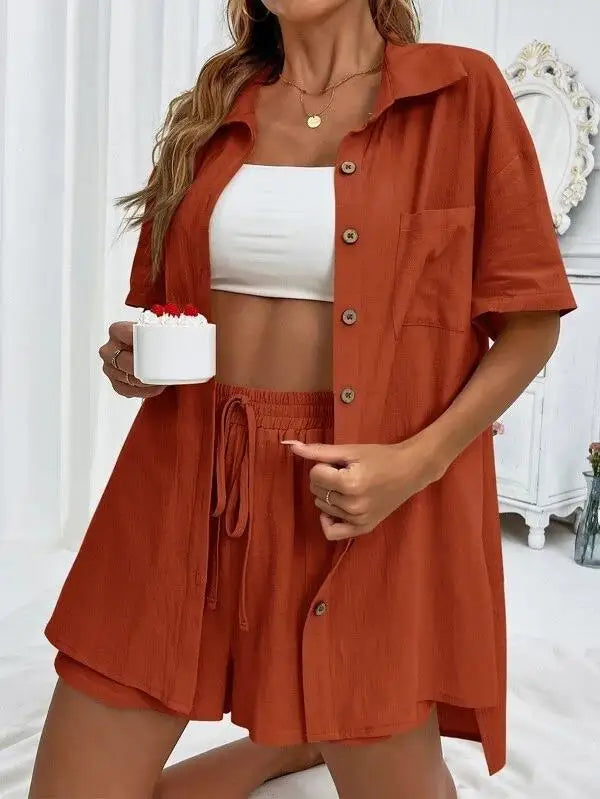 Linen Ease Set – Short-Sleeve Shirt & Elastic Shorts