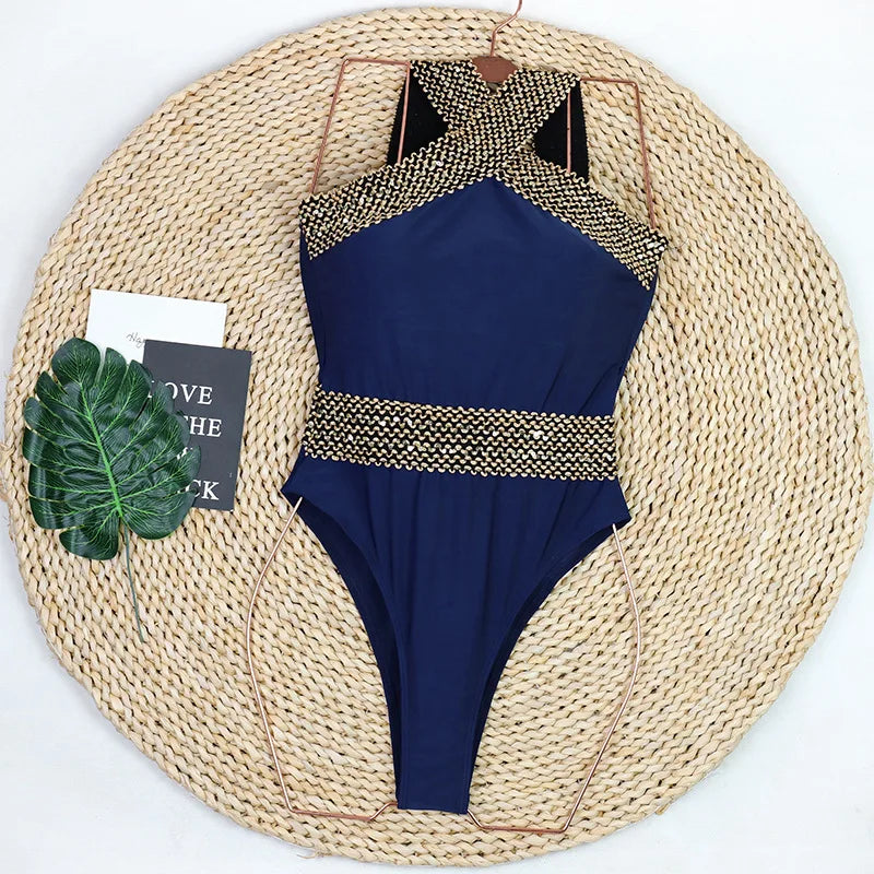 Retro One-Piece Swimsuit in Blue with High Neck