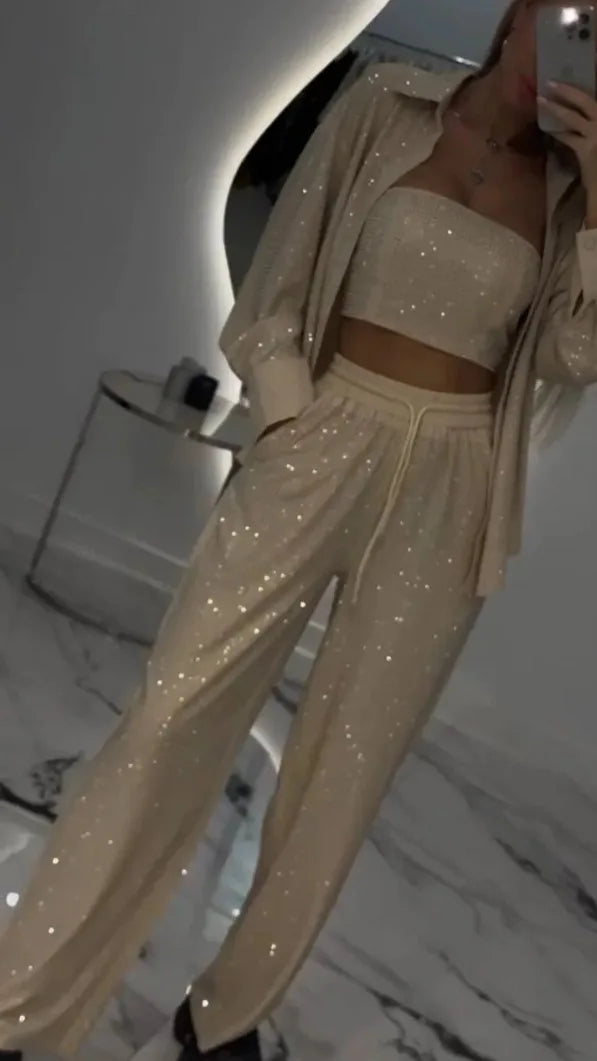 Sequin Shirt & Wide-Leg Trousers Set