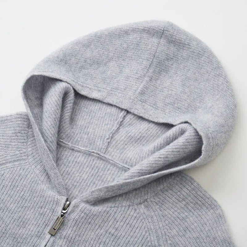 Thick Zippered Wool Knit Cardigan — Autumn Winter Casual Coat with Hood, 100% Wool
