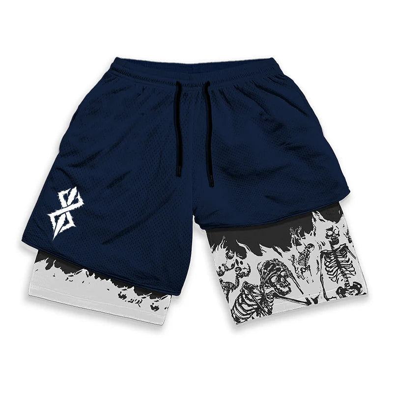 Berserk Skull Print 2-in-1 Running Shorts – Stretch, Quick Dry with Pockets