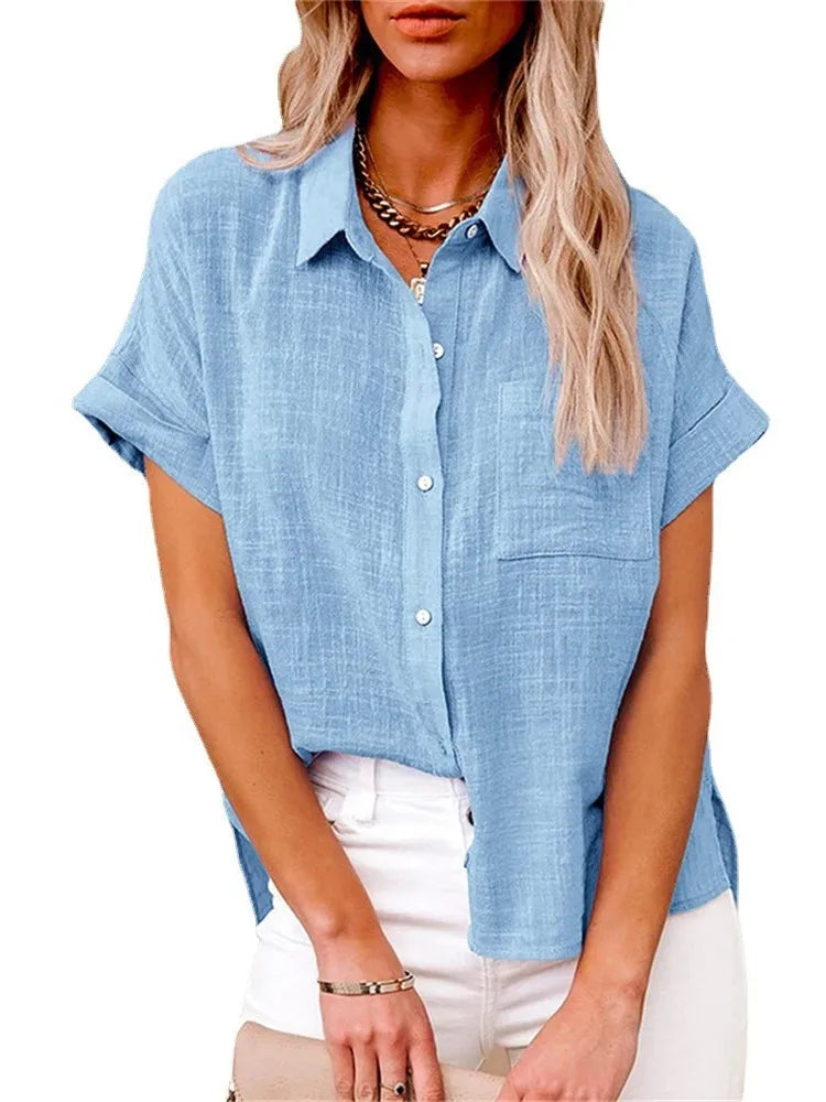 Classic V-Neck Blouse — Short Sleeve, Loose Fit, White