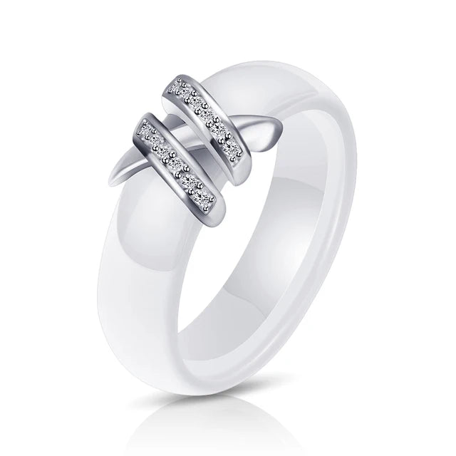 6mm Black & White Ceramic Ring – Crystal Inlay Wedding Band