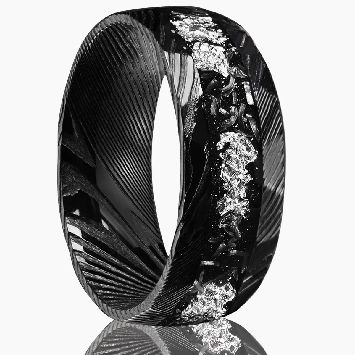 Damascus Steel Ring – 8mm Black Band with Silvery Foil Inlay, Wedding or Casual Wear