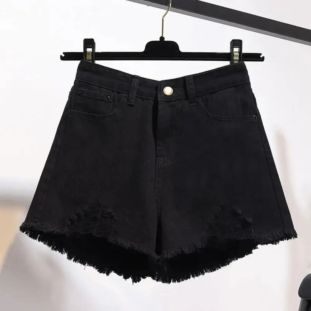 Cowboy Denim Shorts — Korean High Waist Tassel & Ripped Y2K