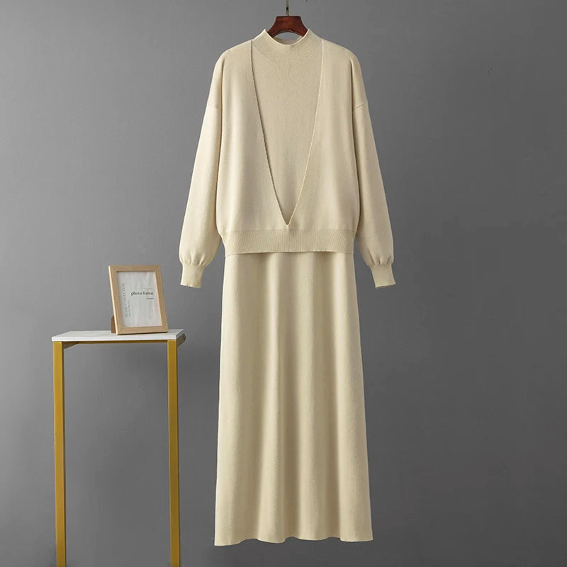 Knitted Dress Two Piece Set – Long Sleeve Sweater & Skirt