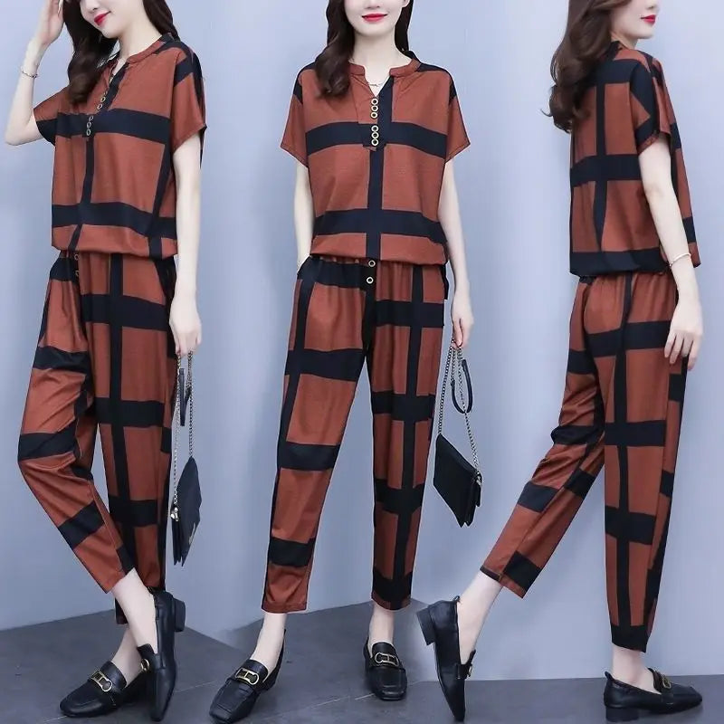 Casual Plus Size Short Sleeve Top & Harun Pants Set – Two Piece