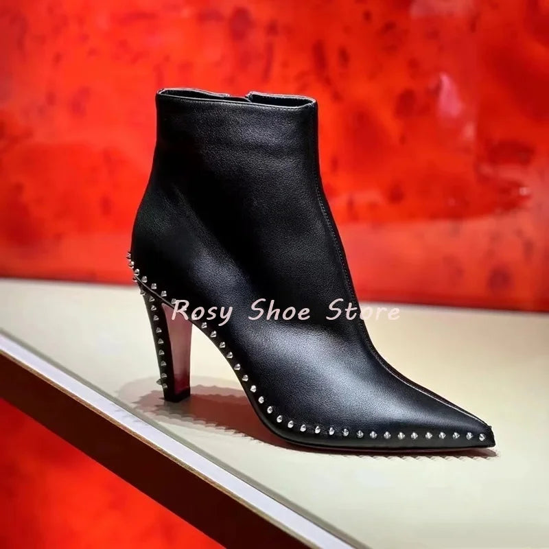 SpikeEdge | Black Leather Silver Stud Short Boots – Side Zip Ankle