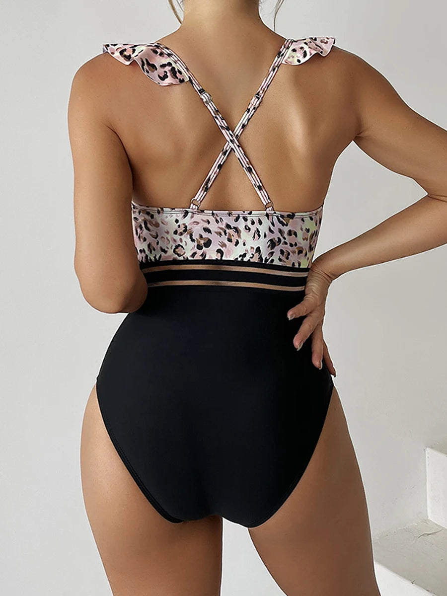 Leopard Ruffle V-Neck Swimsuit