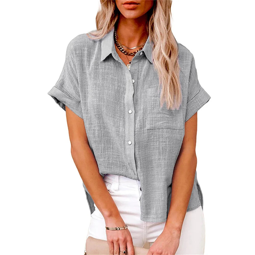 Classic V-Neck Blouse — Short Sleeve, Loose Fit, White