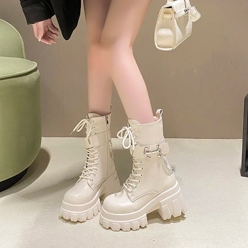MotoMid | 9CM Chunky Platform Mid-Calf Combat Boots – Non-Slip