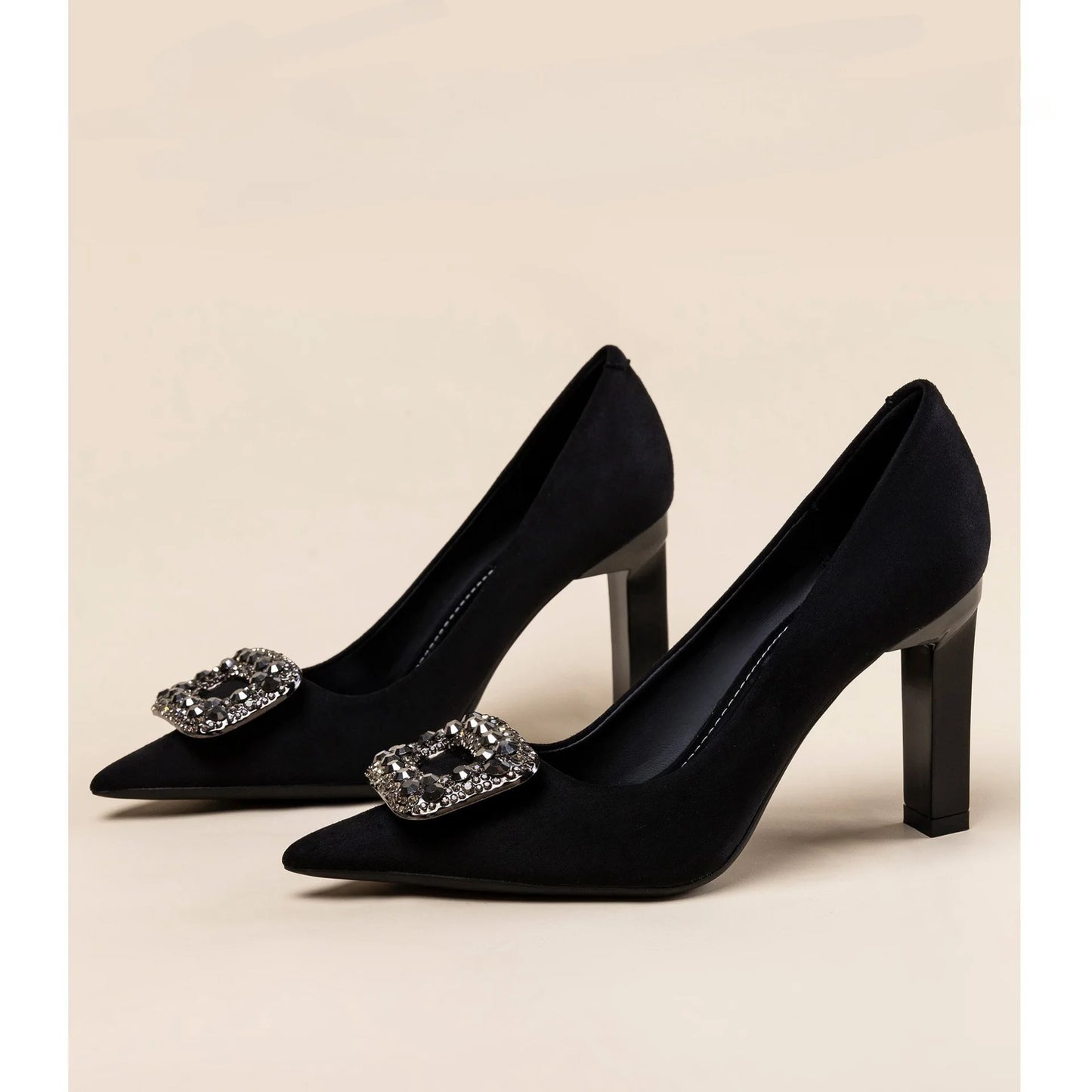 OnyxPro | Black Pointed Rhinestone Heels – Professional Thick Heel Pumps