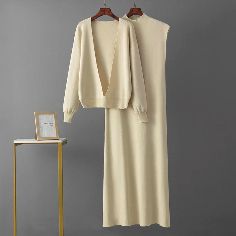 Knitted Dress Two Piece Set – Long Sleeve Sweater & Skirt