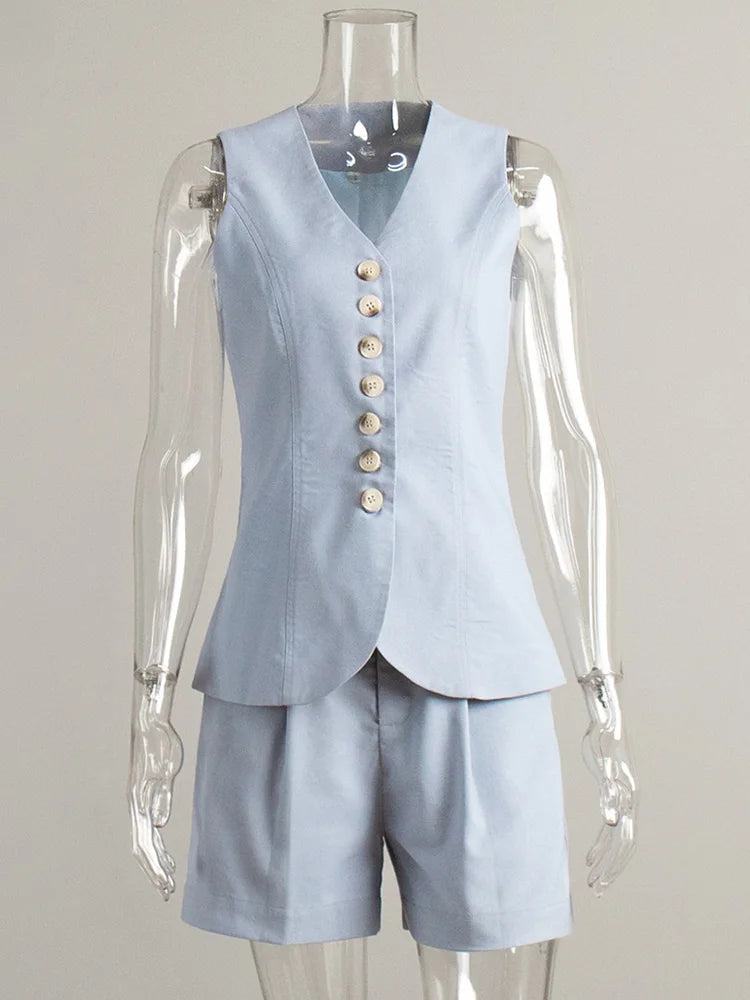 Linen Vest & Shorts Set – Elegant Office Two Piece Outfit