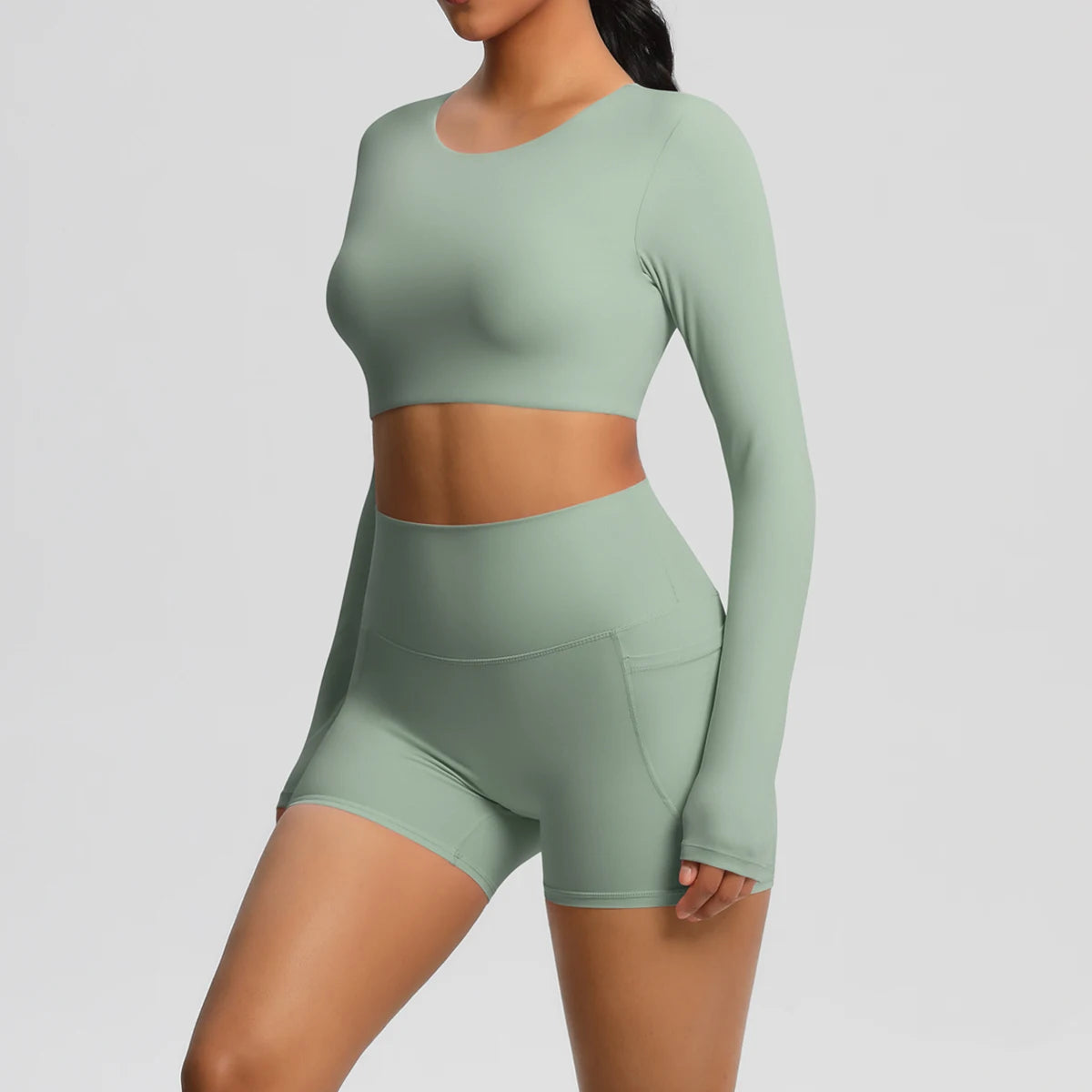 2-Piece Activewear Set — Long Sleeve Crop Top & High-Waist Yoga Shorts