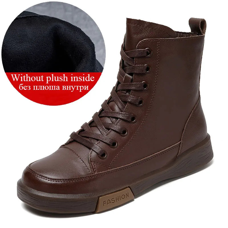 Drkanol | Genuine Leather Round Toe Short Boots – Retro Street Style