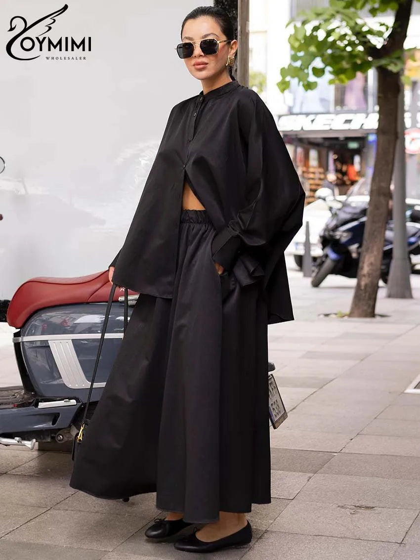 Black Two Piece Set – O-Neck Button Shirt & Loose Trousers