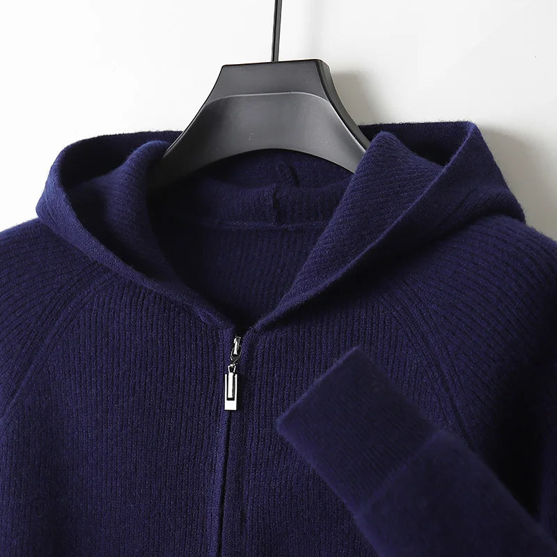 Thick Zippered Wool Knit Cardigan — Autumn Winter Casual Coat with Hood, 100% Wool