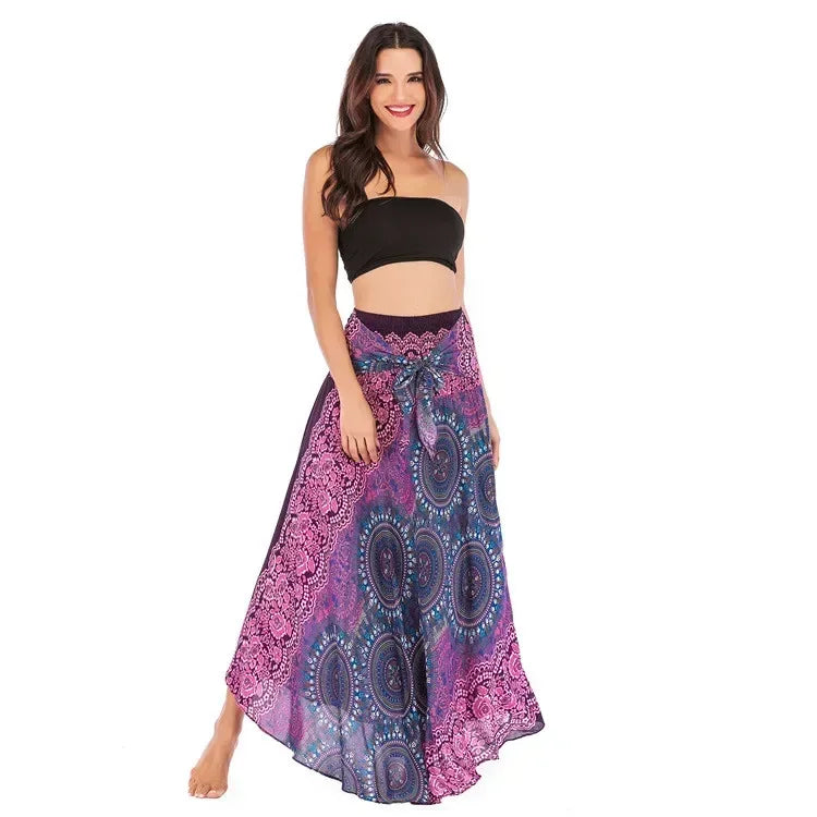 Black Patchwork Bandage Skirt — Ankle-Length