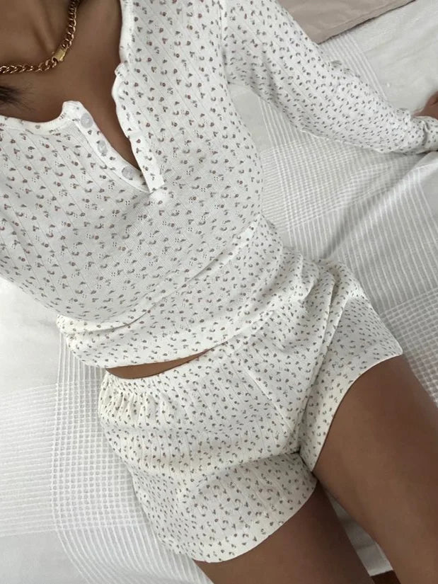 Eyelet Button Long Sleeve T-shirt & Shorts Set – Cotton Pajama