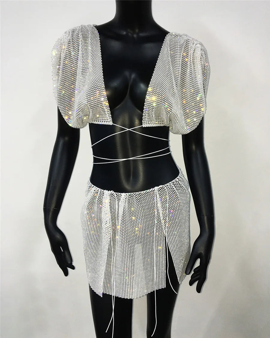 Deep V Rhinestone Top & Mini Skirt