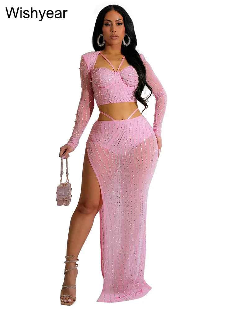 Mesh Crystal Top & Skirt Set