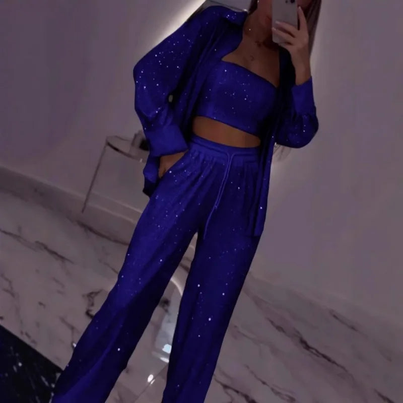 Sequin Shirt & Wide-Leg Trousers Set
