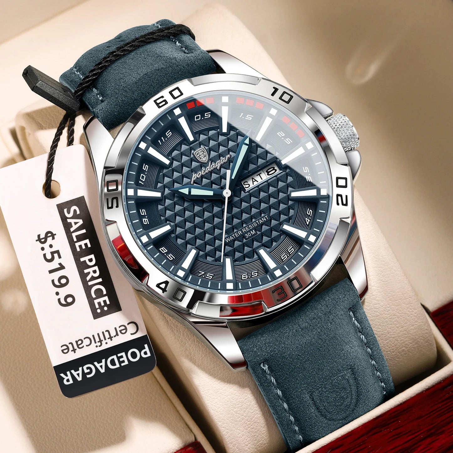 Luxury Quartz Watch – Waterproof, Luminous Dial, Date Display, Leather Strap