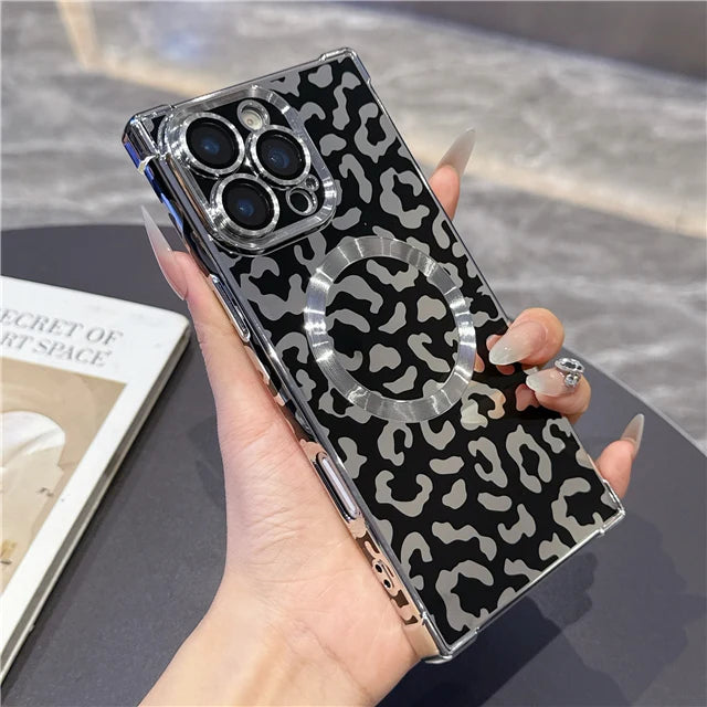 MagSafe Leopard Print Case – iPhone 13 to 16 Pro Max | Magnetic Frame + Luxury Finish