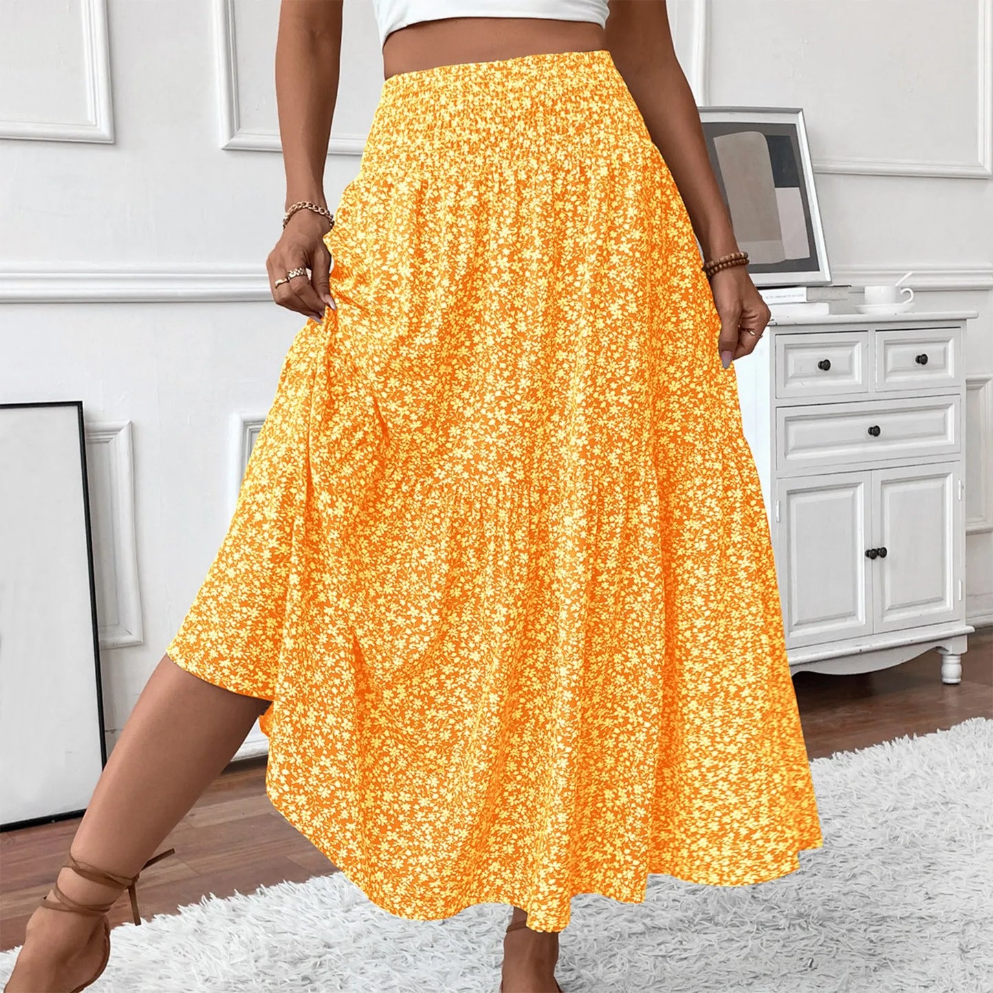 Pleated Floral Print A-Line Skirt — Elastic Waist Casual